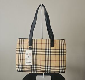 Plaid Canvas Tote with Black Leather Handles - Beige/Black
